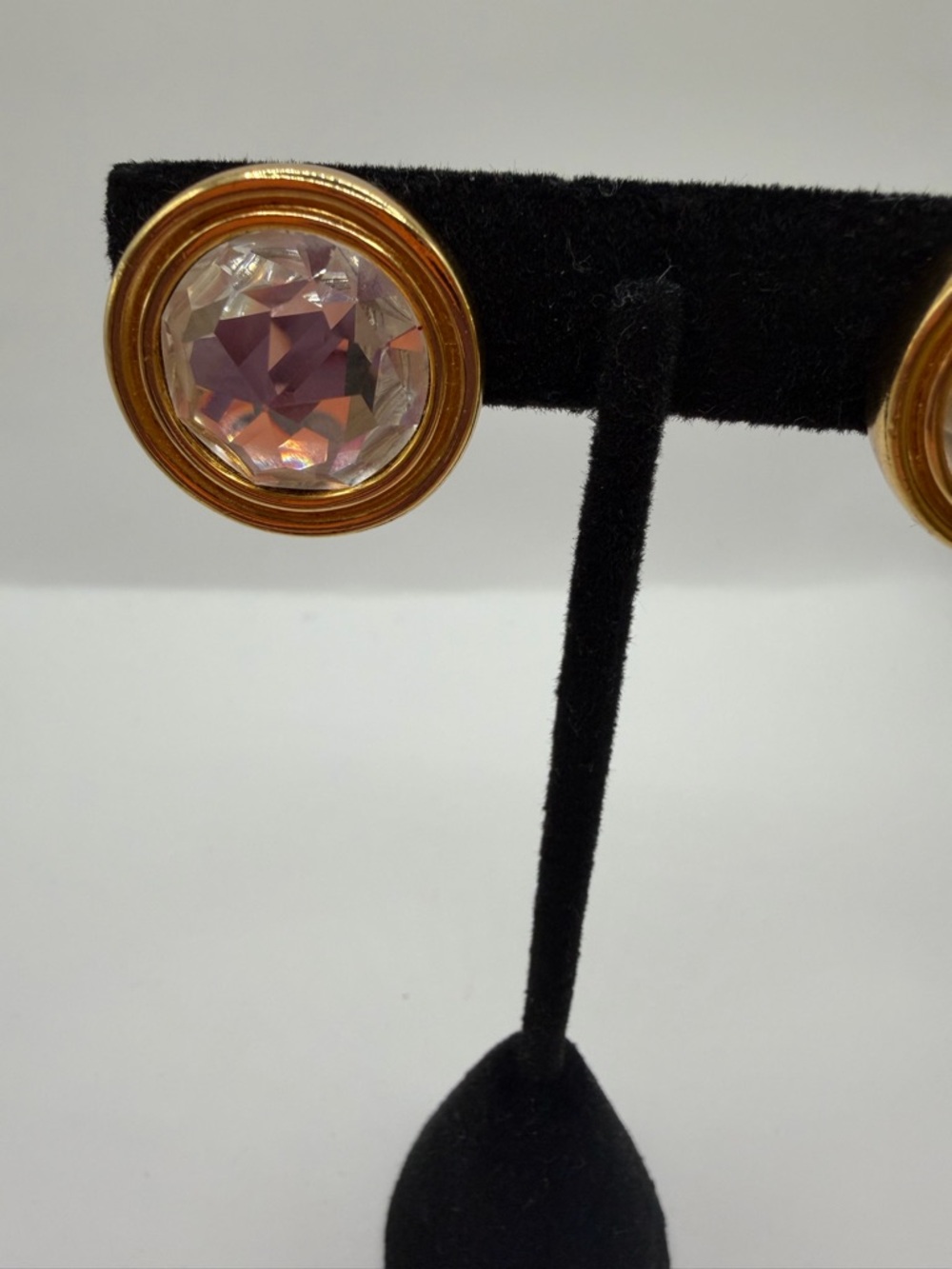 Vintage Dior Gold Tone Clip Statement Earrings with Iridescent Crystal Centers - Picture 3 of 10